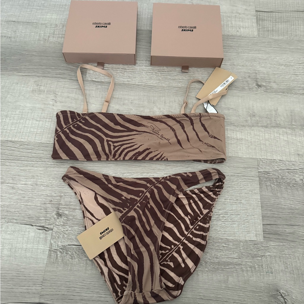 Brand New Roberto Cavalli Skims Brown And Tan Zebra Print Swimwear